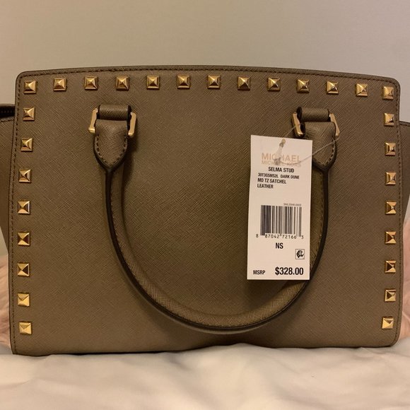 NWT! MICHAEL KORS MK SELMA STUDDED MEDIUM SATCHEL SHOULDER BAG W DUST BAG TAUPE - Picture 5 of 13
